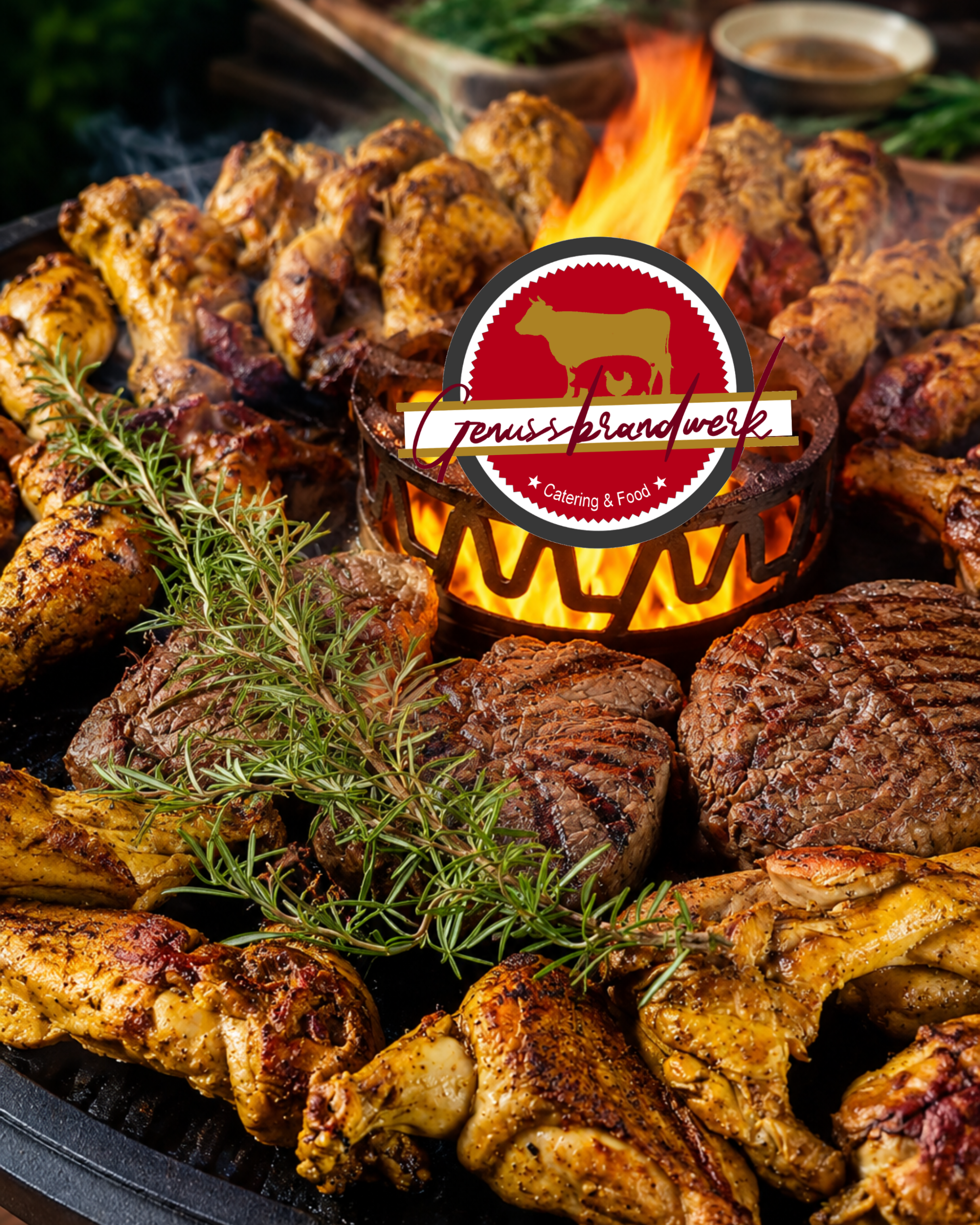 Gegrillte Hähnchenhälften und Rindersteaks mit Rosmarin über offenem Feuer.